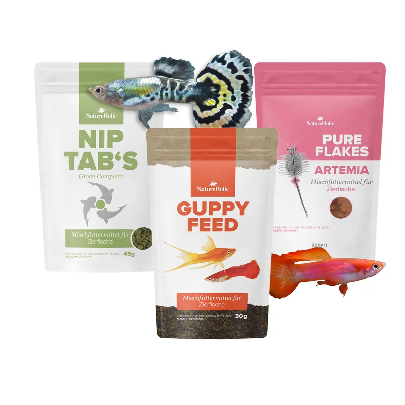 NatureHolic Guppy Futter Bundle, Softgranulat, Flocken & Hafttabletten Must-Have